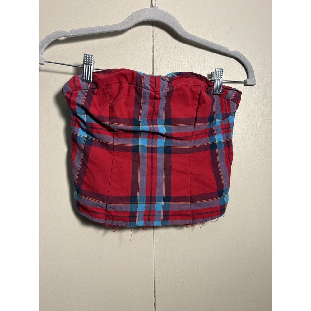 Hollister Strapless Plaid Tube Top M Red Blue Y2K Crop Bustier Grunge Preppy